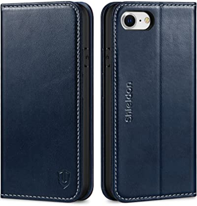 SHIELDON Case for iPhone SE 2022/SE 2020/iPhone 8/7 4.7, Retro Dark Blue | Genuine Leather Flip Wallet, Card Slots, Viewing Stand, Shockproof TPU Shell, Shock Absorbing, Magnetic Folding Cover
