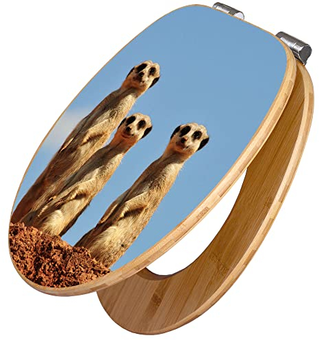 banjado Design WC Sitz Bambus Absenkautomatik 45,8x37,5cm / Toilettendeckel mit Absenkautomatik Holz/hochwertiger Bambus Klodeckel/WC-Sitz für gängigen Toiletten/Motiv Erdmännchenfamilie
