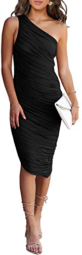 PRETTYGARDEN One Shoulder Dresses for Women 2025 Summer Ruched Mesh Asymmetrical Cocktail Wedding Guest Bodycon Dress (Black,Medium)