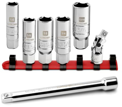LLNDEI 3/8 inch Spark Plug Socket Set, 6 Point, SAE & Metric (14mm,18mm,13/16,5/8,3/4), 7 PCS CR-V Spark Plug Removal Tool with 6 Extension Bar and Universal Joint for Car Repair