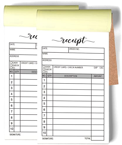 2 Packs 50-set Receipt Pad, Carbon Duplicate Copy Sales Receipt Form, Invoice Booklet for Stores, warehouses, offices, and restaurants, 3.4x5.5 Handheld, 2-Part Carbonless-White/Yellow.