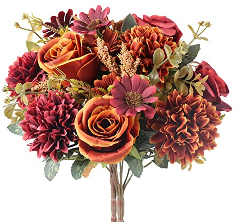 LIPJISL 2 Pcs Künstliche Blumen Chrysantheme Kunstblumen Rose Seidenblumen Herbst Blumenstrauß Unecht für Hochzeit Party Halloween Vase Tischdeko Thanksgiving Dekoration Orange
