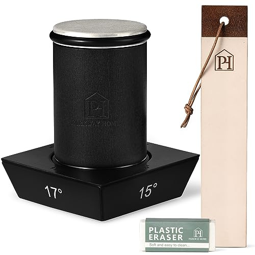 Black Roller Sharpener for Knives with Leather Strop - Knife Sharpener Kit with 15, 17, 20 & 22 Degree Angles - Roller Knife Sharpening System Stand, Holder & Eraser