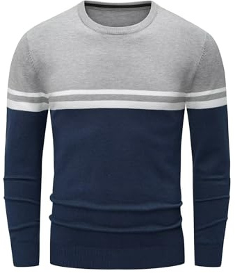Meilicloth Pullover Herren Winter Strickpullover Gestreifter Kontrast Rundhalsausschnitt Feinstrick Pullover Warm Wollpullover Freizeitpullover Winterpullover Männer Langarmshirt Slim Fit Grau-11 M