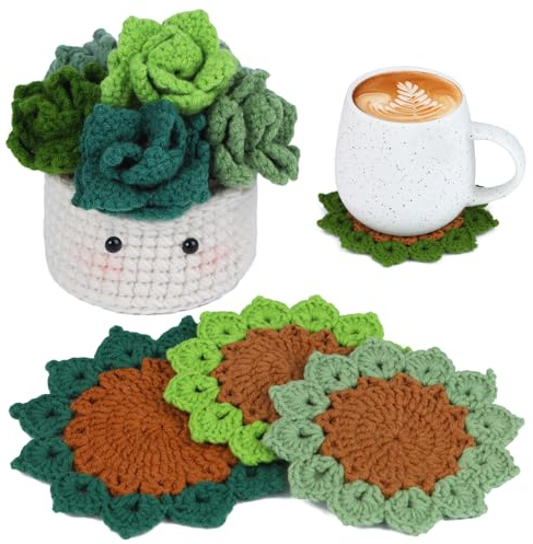 MASPHY Anfänger Häkelset, 6-Teiliges Set Teetasse Matte Häkelset, Einschließlich Garn, Zubehör, Schritt-für-Schritt Video Tutorial für Erwachsene Anfänger