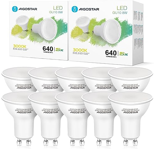 Aigostar - Bombilla LED 8W GU10, Luz calida 3000K, 640lm, Esmerilada, no regulable - 10 unidades