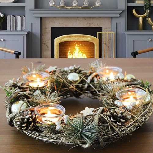KAMACA XL Weihnachtskranz Dekokranz aus massiven Holzzweigen Ø 34 cm mit Tannenzweigen Kugeln und 4 Glas Kerzenhaltern Advent Weihnachten Festliche Tischdecko (XL Adventskranz Gold 34 x 34 x 8 cm)