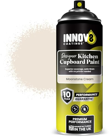 INNOV8 COATINGS DESIGNER KITCHEN CUPBOARD SPRAY PAINT - DIY - NO PRIMER OR TOP COAT - SATIN Finish – 1 x 400 ml - Moonstone Cream - Fast Dry - CABINET, FURNITURE, WOOD, MDF, PLASTIC & METAL