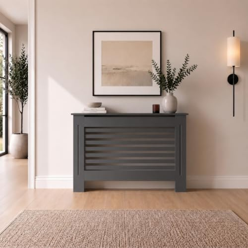 DuraTherm® Radiator Cover Anthracite Grey Painted Traditional Cross Slat Shelves MDF Cabinet Shelf for Radiators, Living Rooms, Bedrooms, Medium (W: 112cm / H: 81.5cm / D: 19cm)