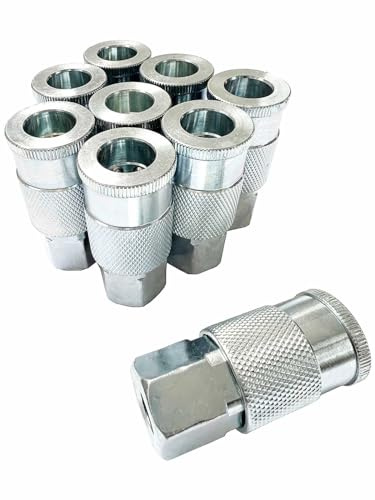 SANFU 3/8 High Flow Air Fittings, 3/8 Inch Flow Size, Industrial M-Type Coupler, 1/4 Inch Female Threads Size, Steel Material, 300PSI, 9 Pieces Air Compressor Accessories Fittings