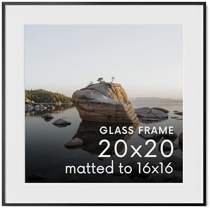 HAUS AND HUES 20x20 Picture Frame with Real Glass & Black Premium-Grade Metal Matted to 16x16 - Aluminum 20x20 Frame - Includes Hanging Kit - Ideal for Home, Office (20x20 in, Black)