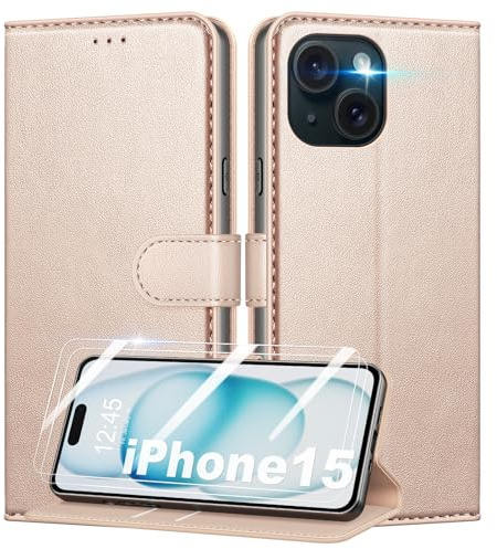 Mofurd Cover per iPhone 15 Libro in Pelle PU, [con 2 Pezzi Pellicola Vetro Temperato] Custodia Portafoglio Antiurto [Blocco RFID] [Funzione di Supporto] [Slot Schede], Rosa