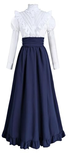 Fiamll - Robe médiévale de la Renaissance - Costume pour femme - Robe victorienne - Robe de bal vintage - Blouse victorienne avec jupe maxi de la Renaissance, bleu, S