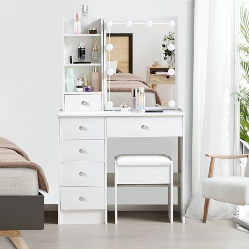 Saimeihome Schminktisch mit dimmbare Beleuchtung in 3 Lichtfarben, Frisiertisch mit Spiegel und Hocker, Moderne Kosmetiktisch mit 6 Schubladen und 6 Fächern, 80x36x130 cm