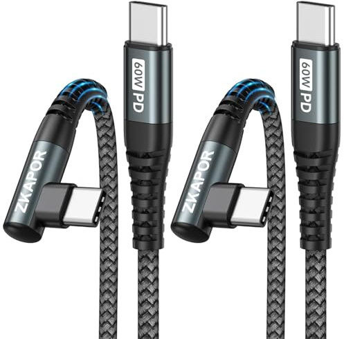 ZKAPOR 60W Cavo USB C a USB C 2Pezzi 1M Cavo USB 90 Gradi Cavo USB Type-C | Cavo Type C to Type c Ricarica Rapida Nylon Cavetto USB C Angolo per iPhone 17/16/15 Pro Max, Galaxy, Pad/Air, Huawei, Pixel