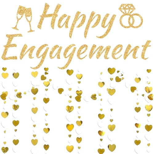 Engagement Party Dekorationen Banner Girlande - Gold Engaged Dekoration Set Happy Engagement Buchstaben Banner Weißgold Liebe Herz Girlande Hängende Papierschlangen Banner für Antrag Verlobte Party