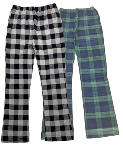 LANBAOSI 2Pack Girls Kids Flannel Pyjama Pants Boys Elastic Waist Loungewear Sleepwear Bottoms Brushed Cotton Check Lounge Pants with Pockets