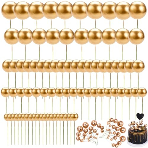 80 PCS Gold Balls for Cake Decorating - Round Ball Decorations for Cupcakes, Birthday, Wedding Decor (Gold)