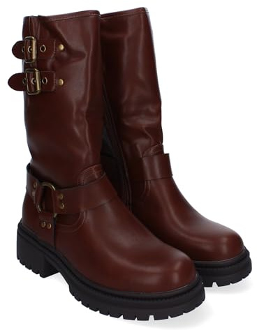 86779 Botas de Tacon para Mujer, Estilo Motero, Comodos y Elegantes, Detalles de Hebillas Metalicas, Ideales para Otono-Invierno. Marron Talla 39