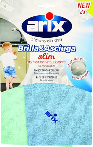 ARIX | 2 Panni Brilla&Asciuga slim, 29x29 cm, Panno Multiuso per Tutte le Superfici, Asciuga Senza Aloni, Riumove Lo Sporco In Profondità, Panno Cucina Assorbente - 2 Pezzi