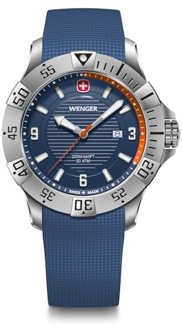 Wenger Reloj de Pulsera de Hombre Seaforce, Ø 43 mm, Swiss Made, Cuarzo analógico, Sumergible hasta 200 m, Pulsera de Silicona