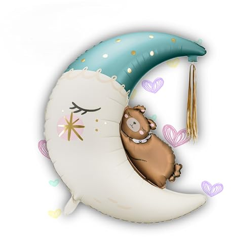 Folienballon Mond mit Bär | XXL 86 cm | Heliumballon Babyparty Junge Mädchen | Baby Shower Deko Ballon Türkis Gold | Geburt Dekoration Geschenk Taufe