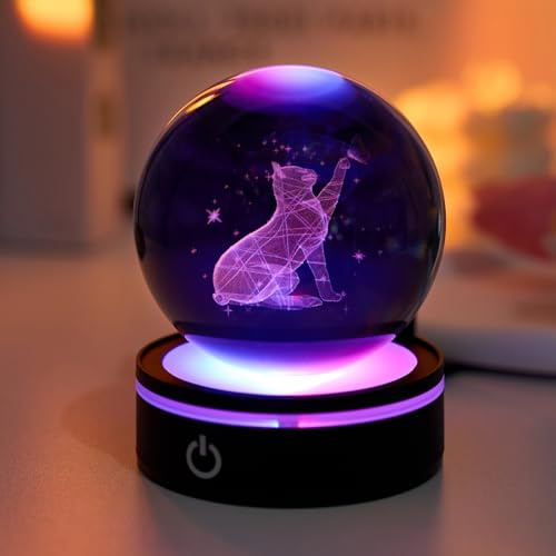 3D-Kristallkugel-Katzenfiguren, Katzenliebhaber, Geburtstag, Muttertag, Geschenke für Damen und Herren, 8 cm Glaskugel mit gravierten Katzen und Schmetterling, Nachtlicht und Schneekugel, Heimbüro
