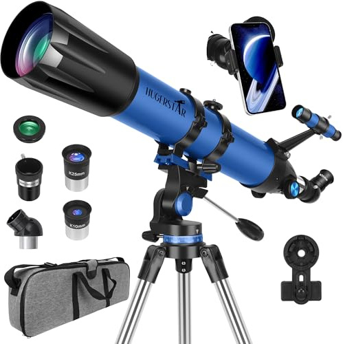 HUGERSTAR Telescopio, telescopio per adulti ad alta potenza, apertura 90 mm, 800 mm, telescopio rifrattore professionale per adulti principianti con supporto AZ in acciaio inox, borsa per il trasporto