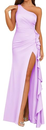 YIANN Vestido de dama de honor de satén con un hombro descubierto para mujer, plisado, fruncido, vestido de fiesta formal, Lila, 38
