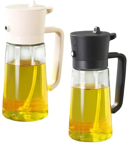 2 Pezzi Spruzzatore Olio e Dosatore Olio 470ml - 2 in 1 Spruzzino Olio per Friggitrice Aria, Nebulizzatore per olio di vetro, Bottiglia di olio d'oliva per cucina, insalata e barbecue, Nero e Bianco
