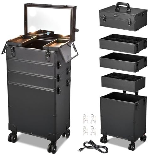 Bonnlo 4-in-1 Kosmetikkoffer Trolley mit Schbladen, Groß Reisekoffer mit Rollen, Aluminium Beauty Case mit LED Spiegel, Abschließbar Schminkoffer Damen für Kosmetikerin Friseurerin, Multikoffe Schwarz
