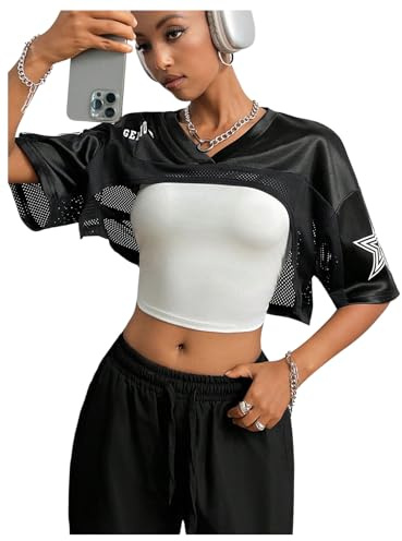 MakeMeChic Women’ S Jersey Shirts Y2k Graphic Tees Oversized Crop Tops Shrugs Streetwear Black Small