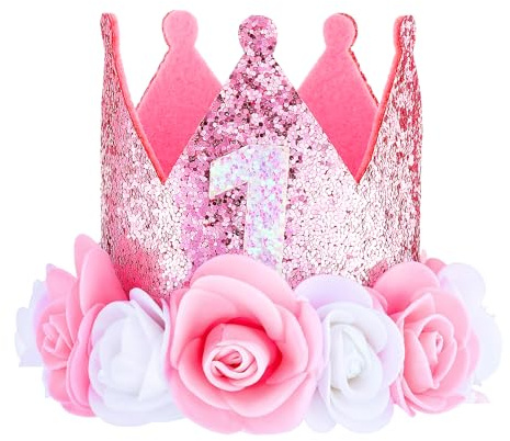 Wanmu First Birthday Crown for Girls, First Birthday Hat, Pink Sprinkle 1 Year Rose Gold Baby Girl Decoration, One Year Old Flowers Princess Outfit for Photo Props