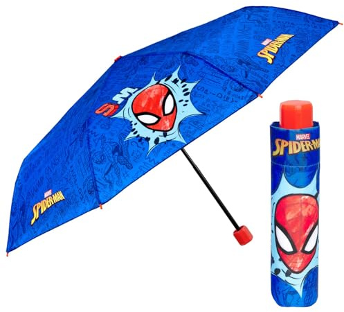 Spiderman Regenschirm Taschenschirm Jungen - Marvel Kinderregenschirm Spider Man - Klein Kinder Schirm Kompakt Windfest Manuell - Umbrella Grundschule 7+ Jahren - Durchmesser 91 cm