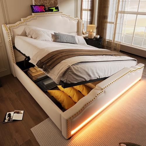 Oslghy Polsterbett Doppelbett 140x200 cm, Bett mit LED Leuchten und USB-C-Port, Stauraumbett mit Hydraulisch Stauraum Bettkasten, Jugendbett mit Kopfteil und Lattenrost, Samt, Beige, ohne Matratze