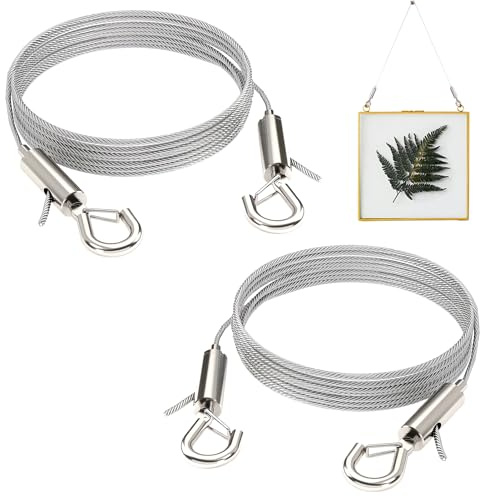 2 Pcs Picture Hanging Wires, 2m x1.5mm Stainless Steel Adjustable Hanging Wire with Hooks, Heavy Duty Picture Wire Rope for Mirror, Lamps, Billboards, Basket Hold Up to 66lbs(30kg)