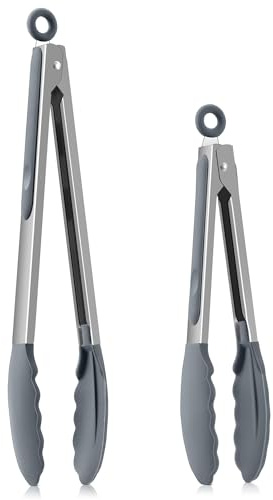 Herogo kökstång set 2 stycken, 35 cm och 27 cm, rostfritt stål silikon koktång med non-stick-spets, grilltång med låsklämma, lätt att greppa och lätt att rengöra, diskmaskinssäker, grå