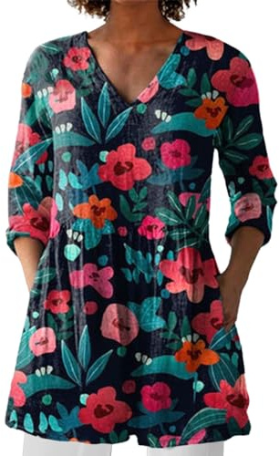 Damen-Leinenhemd, V-Ausschnitt, halbe Ärmel, bequem, lockere Passform, Kleid, Bluse, Sommer, Freizeit, Strand, Urlaub, Z05, bunt, M