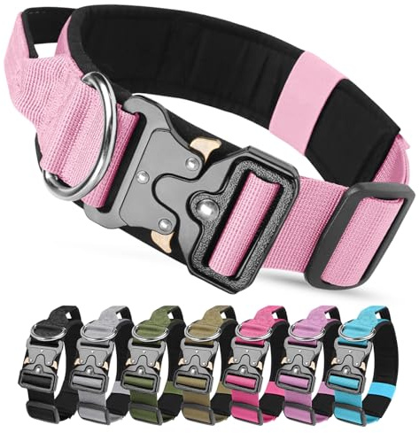 Collier Tactique Chien avec Poignée et Boucle en Métal, Collier pour Chien Réglable en Nylon Rembourré pour Chiens de Taille Moyenne Grand Entraînement (Rose, XL)