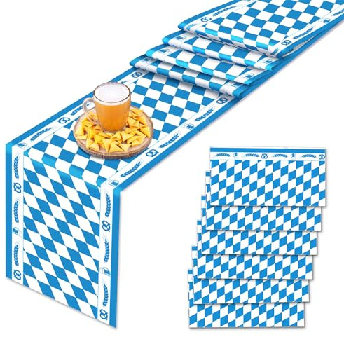 Oktoberfest Tischläufer 6 Stück Oktoberfest Deko 275x35cm Bayrische Deko Blau Weiß Bayerische Tischband Tischdecke für München Bier Festival Bierzelten Biergarten Party Zubehör