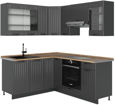 Vicco Eckküche Fame-Line, Dunkelgrau, 190 x 60 cm, AP Eiche
