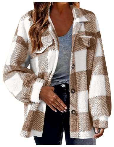 Cocila Shackets Pour Femmes 2025 Hiver Chaud Flou Chemise à Carreaux Vestes Grande Taille Boutonné Manches Longues Manteaux Manteau Coton (Brown Xxl) Blouson Cuir Veste Legere Mi
