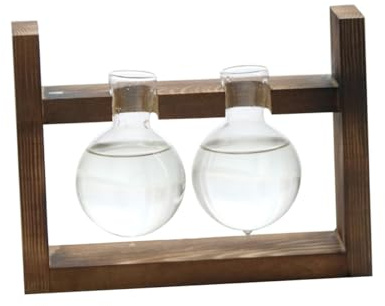 BESPORTBLE Wooden Rack Glass Hydroponic Vase Double-ball Shape High-temperature Resistant Decorative Plant Container with Stand for Home Office Desktop Art Decoration