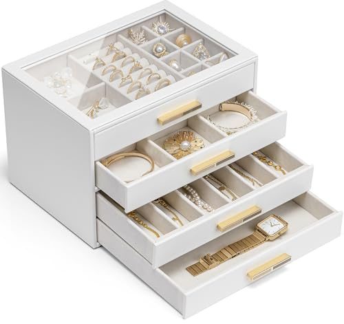 VLANDO Schmuckkästchen Groß,Schmuckaufbewahrung mit 4 Ebenen,PU leader | Schmuck Organizer für Halsketten, Ohrringe, Uhren, Armbänder，Wohndekoration, Geschenk für Damen, Weiß