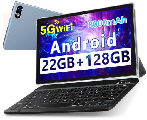 Tablette 10 Pouces Android 14 , 22GoRAM + 128Go ROM (1To TF),Widevine L1/Octa-Core/2.0GHz/5G WiFi/8000mAh/BT 5.0/5+8MP/Soutenir Neflix/Coque Métallique/Tablette Tactile avec Clavier et Souris - Gris