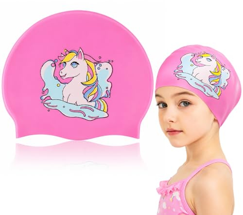 Badekappe Kinder Rosa, EIN-Horn Badehaube für Mädchen, Silikon Schwimmkappe für 3-15 Jahre, Kinder Badekappe Wasserdicht, Geeignet für Schwimmen Tauchen