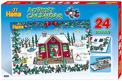 Hama Perlen 3040 Geschenk-Set Adventskalender, ca. 5.000 bunte Midi-Perlen mit Durchmesser 5 mm, 24 Motivvorlagen und 5 Stiftplatten inkl. Bügelpapier, kreativer Bastelspaß für Groß und Klein