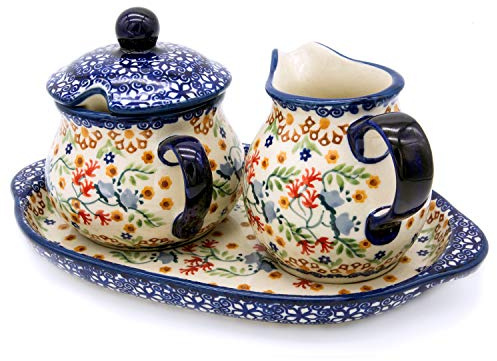 Bunzlauer keramik Milch- und Zucker-Set mit Untersetzer (Dekor Florac)