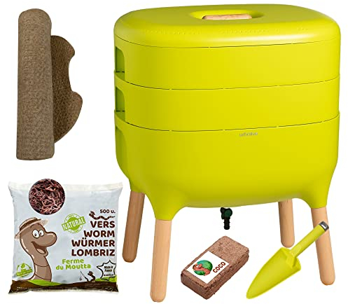 Moutta | Urbalive 2 Schalen Grün, Komplettset I Design Wurmkomposter I 250g Kompostwürmer / 500 STK. I Startersubstrat I Hanfmatte + Schaufel I Innenraum, Balkon und Garten