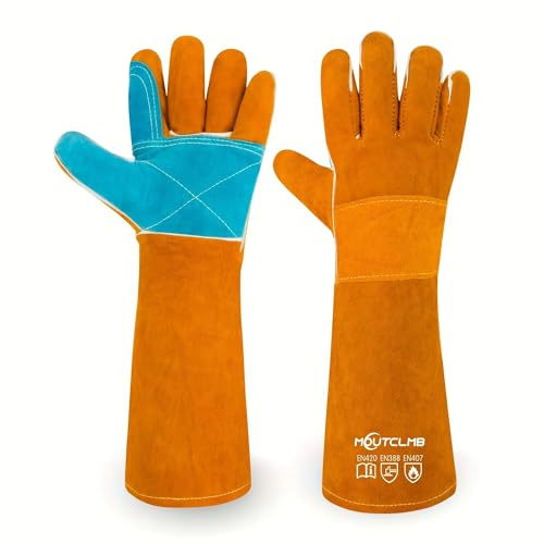 MOUTCLMB 17.7In Cat Gloves, Animal Handling Gloves Bite Proof with Double Leather Pet Grooming for Cats & Dogs (Small)